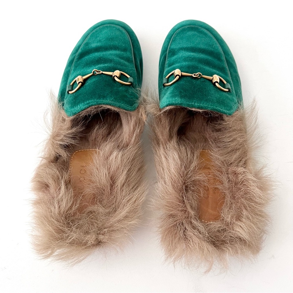 GUCCI | Princetown Fur Horsebit Green Emerald Velvet Velour Mule Slipper Flat - Picture 6 of 11